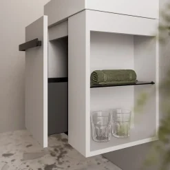 Meuble vasque lave-main Blanc mat 45x35x50cm (LxPxH) 1 tiroir + rangement droite + poignée Noir mat - COMPACT450