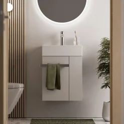 Meuble vasque lave-main Blanc mat 45x35x50cm (LxPxH) 1 tiroir + rangement droite + poignée Chrome - COMPACT450