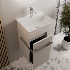 Meuble vasque lave-main Blanc mat 45x35x50cm (LxPxH) 1 tiroir + rangement droite + poignée Chrome - COMPACT450