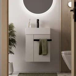 Meuble vasque lave-main Blanc mat 45x35x50cm (LxPxH) 1 tiroir + rangement gauche + poignée Noir mat - COMPACT450