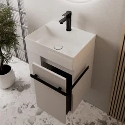 Meuble vasque lave-main Blanc mat 45x35x50cm (LxPxH) 1 tiroir + rangement gauche + poignée Noir mat - COMPACT450
