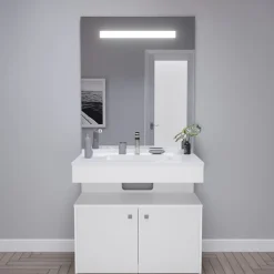 Meuble vasque PMR EPURE 90 cm avec miroir led Elégance et caisson roulant - Blanc brillant