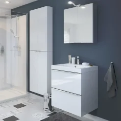 Meuble vasque suspendu blanc brillant l.60 cm Imandra + plan vasque blanc céramique Nira, GoodHome