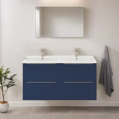 Meuble vasque suspendu bleu nuit mat l.120 cm Imandra + plan double vasque blanc céramique Nira, GoodHome
