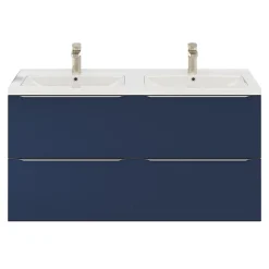 Meuble vasque suspendu bleu nuit mat l.120 cm Imandra + plan double vasque blanc céramique Nira, GoodHome