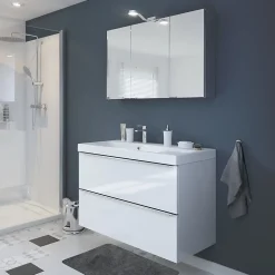 Meuble vasque suspendu blanc brillant l.80 cm Imandra + plan vasque blanc céramique Nira, GoodHome