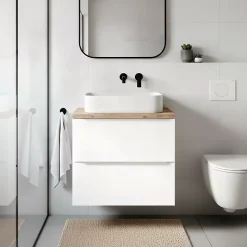 Meuble vasque suspendu blanc brillant l.60 cm Imandra + plan de toilette chêne massif Hartland, GoodHome