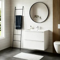 Meuble vasque suspendu blanc mat l.80 cm Imandra + plan vasque blanc céramique Nira, GoodHome