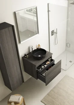 Meuble vasque suspendu effet chêne Metz l.60 cm + plan de toilette effet chêne Metz, Pura+