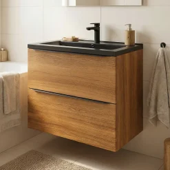 Meuble vasque suspendu effet noyer l.80 cm Imandra + plan vasque noir céramique, Nira GoodHome