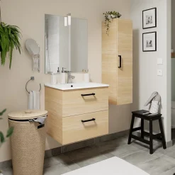 Meuble vasque suspendu effet chêne l.60 cm + plan vasque blanc en céramique, Opah