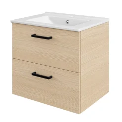 Meuble vasque suspendu effet chêne l.60 cm + plan vasque blanc en céramique, Opah