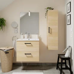 Meuble vasque suspendu effet chêne l.60 cm + plan vasque blanc en céramique, Opah
