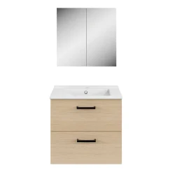Meuble vasque suspendu effet chêne l.60 cm + plan vasque blanc en céramique, Opah