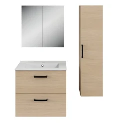 Meuble vasque suspendu effet chêne l.60 cm + plan vasque blanc en céramique, Opah