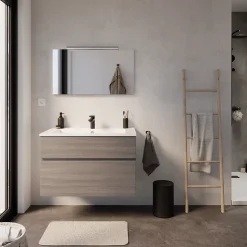 Meuble vasque suspendu effet chêne clair l.90 cm + plan vasque blanc en résine, Calao