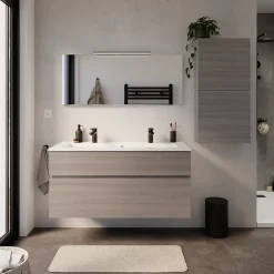 Meuble vasque suspendu effet chêne clair l.120 cm + plan vasque en résine, Calao