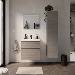Meuble vasque suspendu effet chêne clair l.60 cm + plan vasque blanc en résine, Calao