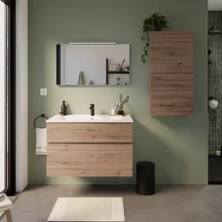 Meuble vasque suspendu effet chêne artisan l.90 cm + plan vasque blanc en résine, Calao