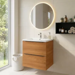 Meuble vasque suspendu effet noyer l.60 cm Imandra + plan vasque blanc céramique Nira, GoodHome