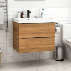 Meuble vasque suspendu effet noyer l.80 cm Imandra + plan vasque blanc résine Mila, GoodHome