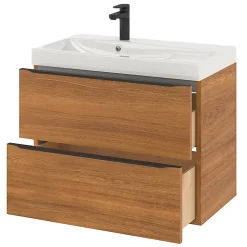 Meuble vasque suspendu effet noyer l.80 cm Imandra + plan vasque blanc résine Mila, GoodHome