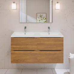 Meuble vasque suspendu effet noyer l.120 cm Imandra + plan double vasque blanc céramique Nira, GoodHome