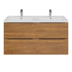 Meuble vasque suspendu effet noyer l.120 cm Imandra + plan double vasque blanc céramique Nira, GoodHome