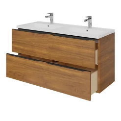 Meuble vasque suspendu effet noyer l.120 cm Imandra + plan double vasque blanc céramique Nira, GoodHome