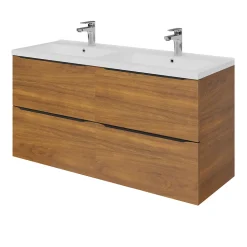Meuble vasque suspendu effet noyer l.120 cm Imandra + plan double vasque blanc céramique Nira, GoodHome