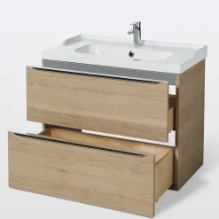Meuble vasque suspendu effet chêne l.80 cm Imandra + plan vasque blanc céramique Lana, GoodHome