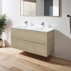 Meuble vasque suspendu effet chêne l.120 cm Imandra + plan double vasque blanc céramique Nira, GoodHome