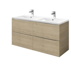 Meuble vasque suspendu effet chêne l.120 cm Imandra + plan double vasque blanc céramique Nira, GoodHome