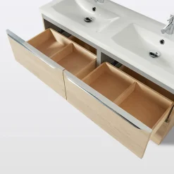 Meuble vasque suspendu effet chêne l.120 cm Imandra + plan double vasque blanc céramique Nira, GoodHome