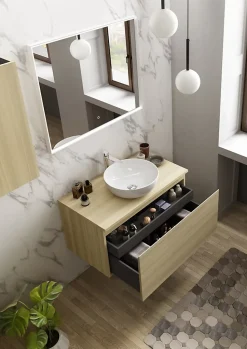 Meuble vasque suspendu effet chêne l.90 cm + plan de toilette effet chêne, Pura+