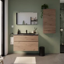 Meuble vasque suspendu effet chêne artisan l.90 cm + plan vasque noir en résine, Calao