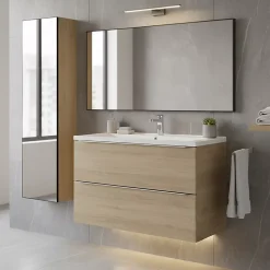 Meuble vasque suspendu effet chêne l.100 cm Imandra + plan vasque blanc céramique Nira, GoodHome