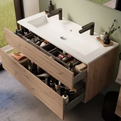 Meuble vasque suspendu effet chêne artisan l.120 cm + plan vasque noir en résine, Calao