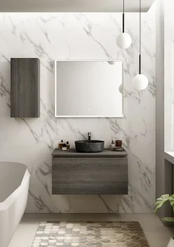 Meuble vasque suspendu effet chêne Metz l.90 cm + plan de toilette effet chêne Metz, Pura+