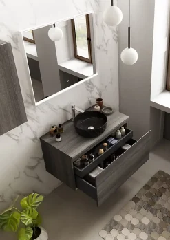 Meuble vasque suspendu effet chêne Metz l.90 cm + plan de toilette effet chêne Metz, Pura+