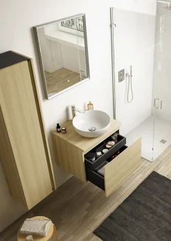 Meuble vasque suspendu effet chêne l.60 cm + plan de toilette effet chêne, Pura+