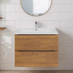 Meuble vasque suspendu effet noyer l.80 cm Imandra + plan vasque blanc céramique Nira, GoodHome