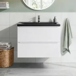 Meuble vasque suspendu faible profondeur blanc mat l.80 cm Imandra + plan vasque noir céramique Nira, GoodHome