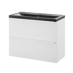 Meuble vasque suspendu faible profondeur blanc mat l.80 cm Imandra + plan vasque noir céramique Nira, GoodHome