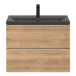 Meuble vasque suspendu faible profondeur effet chêne l.80 cm Imandra + plan vasque noir céramique Nira, GoodHome