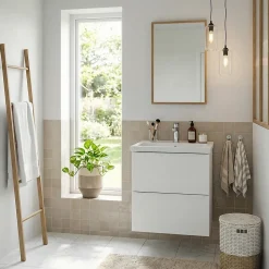 Meuble vasque suspendu faible profondeur blanc mat l.50 cm Imandra + plan vasque blanc Nira, GoodHome
