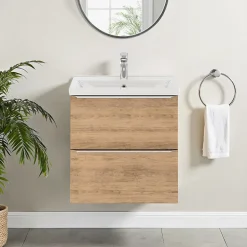 Meuble vasque suspendu faible profondeur effet chêne l.60 cm Imandra + plan vasque blanc céramique Nira, GoodHome