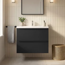 Meuble vasque suspendu faible profondeur noir mat l.80 cm Imandra + plan vasque blanc céramique Nira, GoodHome