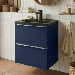 Meuble vasque suspendu faible profondeur bleu nuit mat l.50 cm Imandra + plan vasque noir céramique Nira, GoodHome
