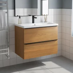 Meuble vasque suspendu faible profondeur effet noyer l.80 cm Imandra + plan vasque blanc céramique Nira, GoodHome